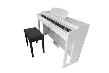 white piano with black chair isolated on white background