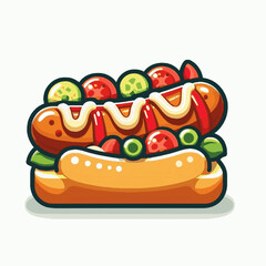 Cartoon hotdog with relish tomatoes cucumbers and mustard in a graphic illustration style