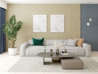 Mock up of a stylish living room with a light gray comfortable sofa and a modern decorative background, 3D rendering.