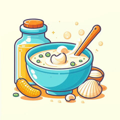 Cartoon illustration blue bowl of soup with spoon shells corn and a bottle of oil