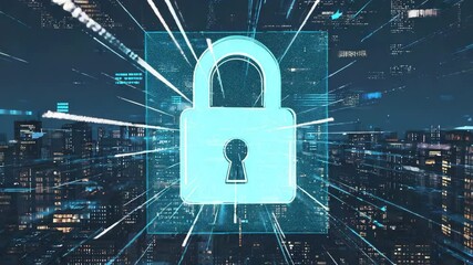 A glowing digital padlock over a futuristic cityscape symbolizes cybersecurity, data protection, privacy, and secure technology in urban environments. - Powered by Adobe