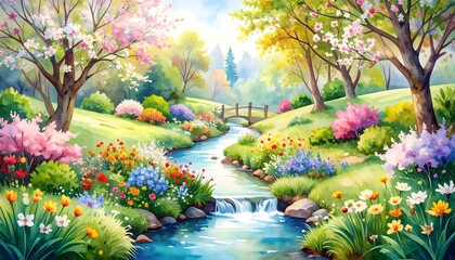 Whimsical watercolor study of a gentle stream flowing through a beautiful spring landscape