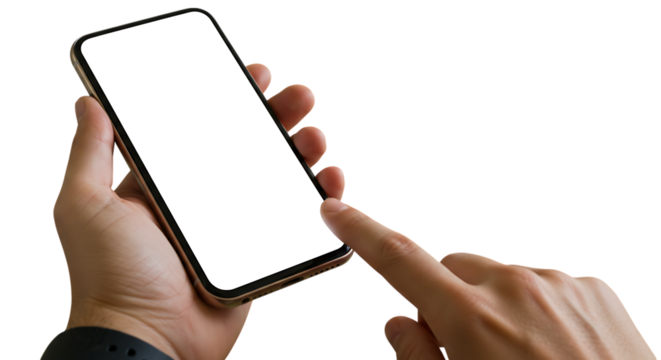 Hands holding smartphone with blank screen isolated on white background