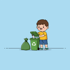 Cute little boy taking out the trash in garbage bag into recycling bin