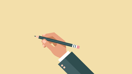 Hand holding pencil on pale yellow background in minimal school theme, copy space