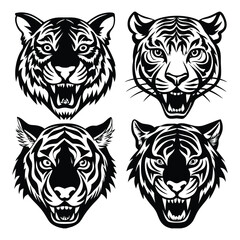 Tiger head silhouette vector with wild animal face illustration in black and white design style