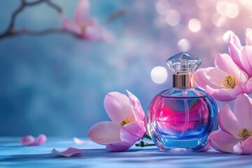 A perfume bottle, surrounded by magnolia blossoms, in a soft, dreamy light