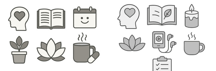 Illustrations depicting self-care and wellness activities, promoting mindfulness and relaxation practices in daily life