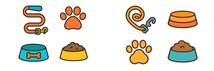 Pet care essentials with colorful illustrations of food bowls, leashes, and playful paw prints