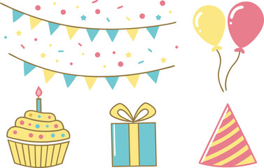 Birthday Elements Clipart Set for Party Designs. Fun Birthday Clipart Set for Print and Crafts. Colorful Birthday Elements Clipart for Kids. Creative Birthday Clipart Collection for Designers