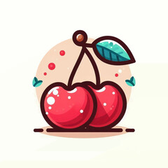 Cartoon illustration of two glossy red cherries with a green leaf