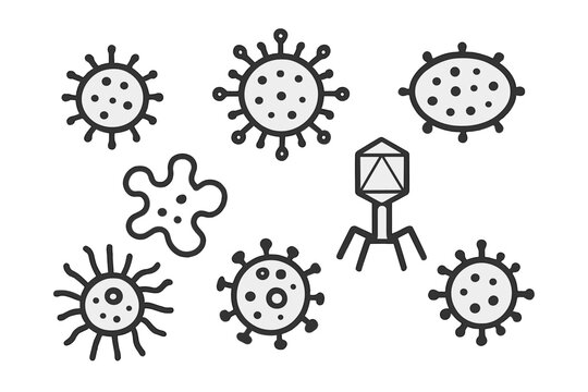 Vector representation of various virus shapes including bacteria and a bacteriophage in a simple design