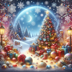 Magical winter Christmas scene with decorated tree and presents  