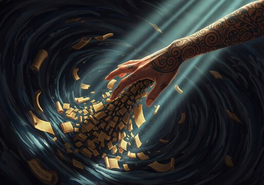 Unearthing Ancient Wisdom. A detailed arm with intricate body art pulls forth countless historic documents from a swirling abyss, illuminated by radiant beams. Represents discovery and the retrieval.