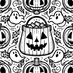Halloween seamless pattern featuring pumpkins, ghosts, and a trick-or-treat bag filled with candy. Black and white line art.