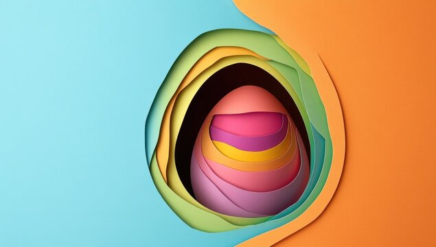 Colorful layered paper egg nestled in a cut-out hole, vibrant pastel colors