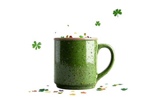 Green mug surrounded by shamrocks and confetti isolated on transparent background.