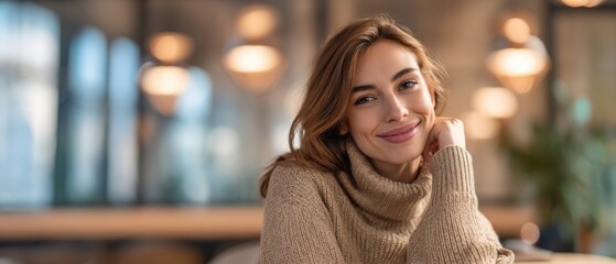 The smiling woman in a cozy sweater enjoying a coffee in a modern cafe.