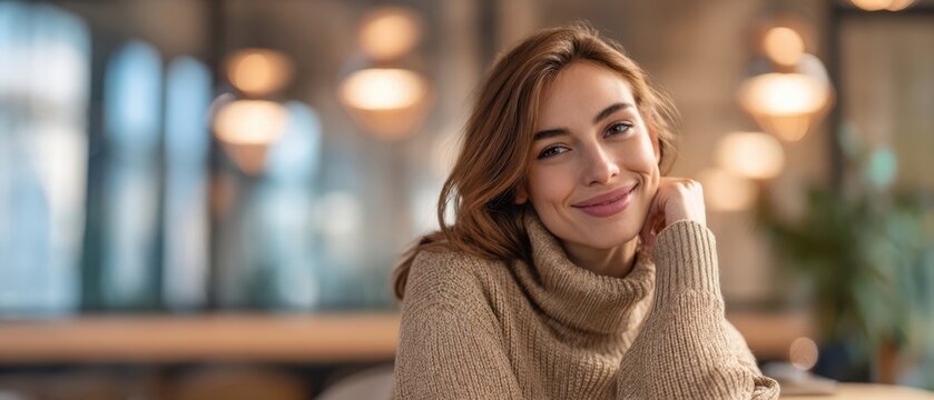 The smiling woman in a cozy sweater enjoying a coffee in a modern cafe.