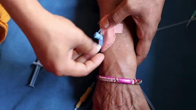 cannula inserted in patient&rsquo;s hand safety measures at daytime indoors