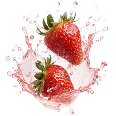 Two strawberries splashing in juice isolated on transparent background