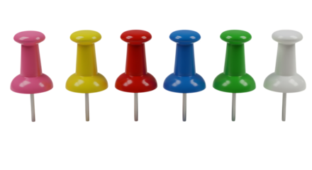 Six colorful push pins in a row isolated on white background