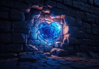Radiant Gemstone Heart in Stone. A luminous blue jewel, molded as an emblem of passion, gleams from a formidable rock formation. It symbolizes finding profound value within obstacles.