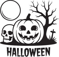 Halloween scene with pumpkin skull moon and tree silhouette