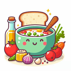 Cartoon image smiling soup bowl vegetables oil bread pepper