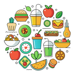 Colorful and playful illustration showcasing a variety of food and drink items