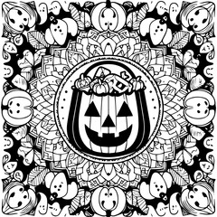 Halloween jack-o'-lantern mandala with candy and bats.
