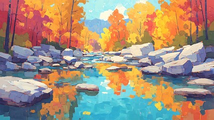 Vibrant Autumn River Landscape Colorful Fall Foliage Reflected in Calm Water with Rocks