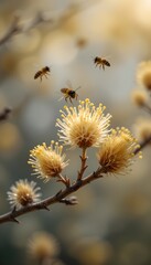 Bees Pollinating Fuzzy Yellow Blossoms in Close-Up with Soft Pink Background