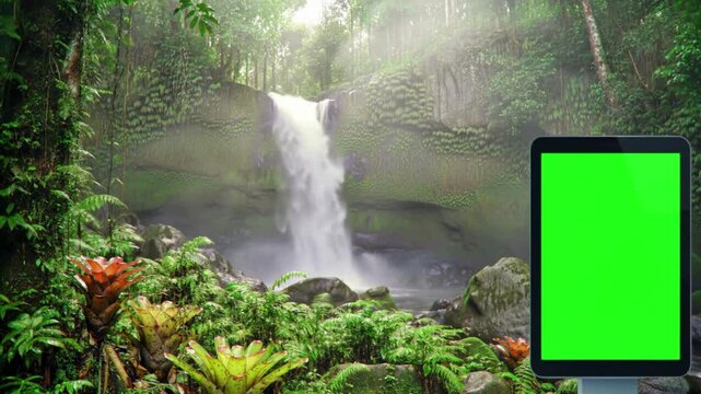 4K Video of Tropical Rainforest Waterfall with Green Screen Signage - Nature and Branding Stock Footage