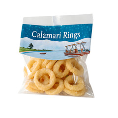 A clear plastic bag containing calamari rings. The bag features a blue label with the text 'Calamari Rings' and a scenic illustration of a boat on water.