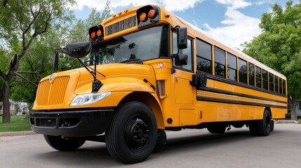 School bus driving on a busy road in Houston, Texas showcases bright yellow design with tinted windows and unique identification emblem