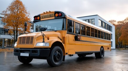 Close-up view of a yellow school bus parked in a lot with stop sign, ready for children after class