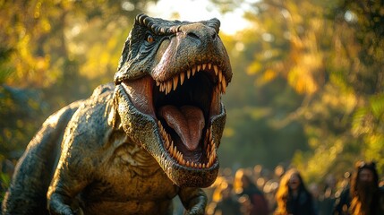 Obraz premium Roar T-Rex in Forest Park, People in Background