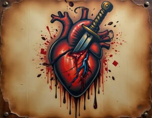 Un corazón herido y un tatuaje de daga sangrante, con una estética oscura y arenosa