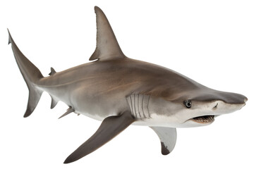 Fototapeta premium A realistic depiction of a shark with a streamlined body and sharp teeth, swimming against a transparent background. The shark exhibits a grayish coloration with lighter underbelly.