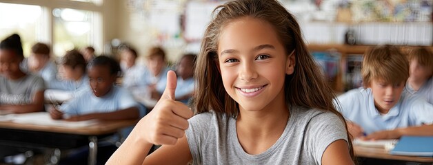 Smiling Asian female student gives thumbs-up in classroom while peers engage at desks with blackboard background