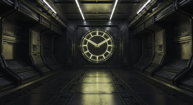 Futuristic corridor with an illuminated clock, symbolizing time travel themes