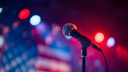 Obraz premium Isolated stage microphone with stand for live music performance, Patriotic Microphone with American Flag Background