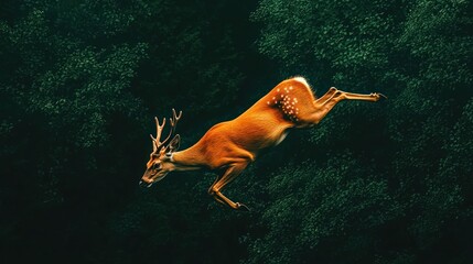 Majestic deer leaping gracefully amidst the lush greenery of the forest