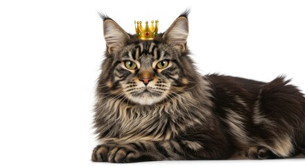 Majestic Maine Coon Cat with Golden Crown isolated on a White Background