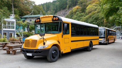 Row of yellow school buses parked at an elementary and high school on a sunny day, showcasing a spacious parking lot and surrounding greenery