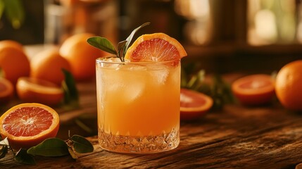 Refreshing blood orange cocktail on a rustic wooden surface, drink photography