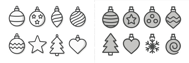 Different types of decorative ornaments arranged in two rows during the holiday season