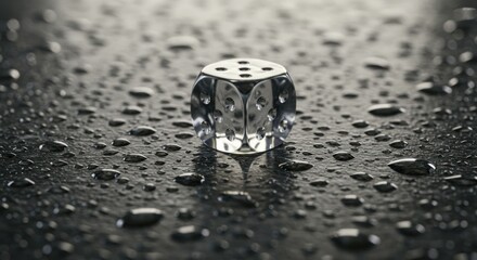 Single clear dice on dark wet surface showcasing reflections and droplets of water