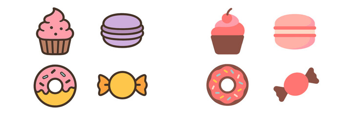 Colorful assortment of desserts and sweets displayed on a white background with playful designs and vibrant colors